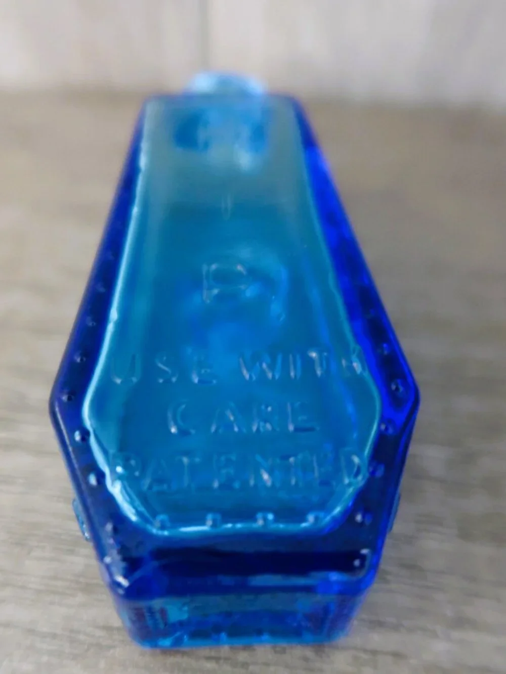 Vintage Cobalt Blue Embossed Glass Bottle "Use With Care" Patented Portrait 3in - Picture 9 of 11